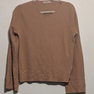 Zara Trafaluc Brown Tan Long Sleeve Faux Pearl Embellished Sweater - size Small